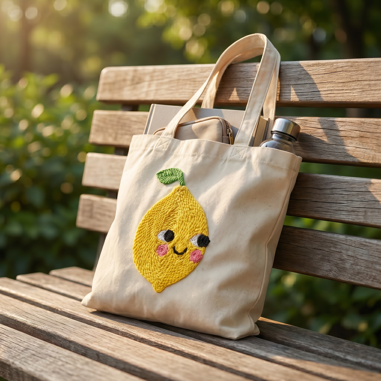 Finished Citron Géant punch needle bag - Sustainable handmade textile art shopper for daily use.