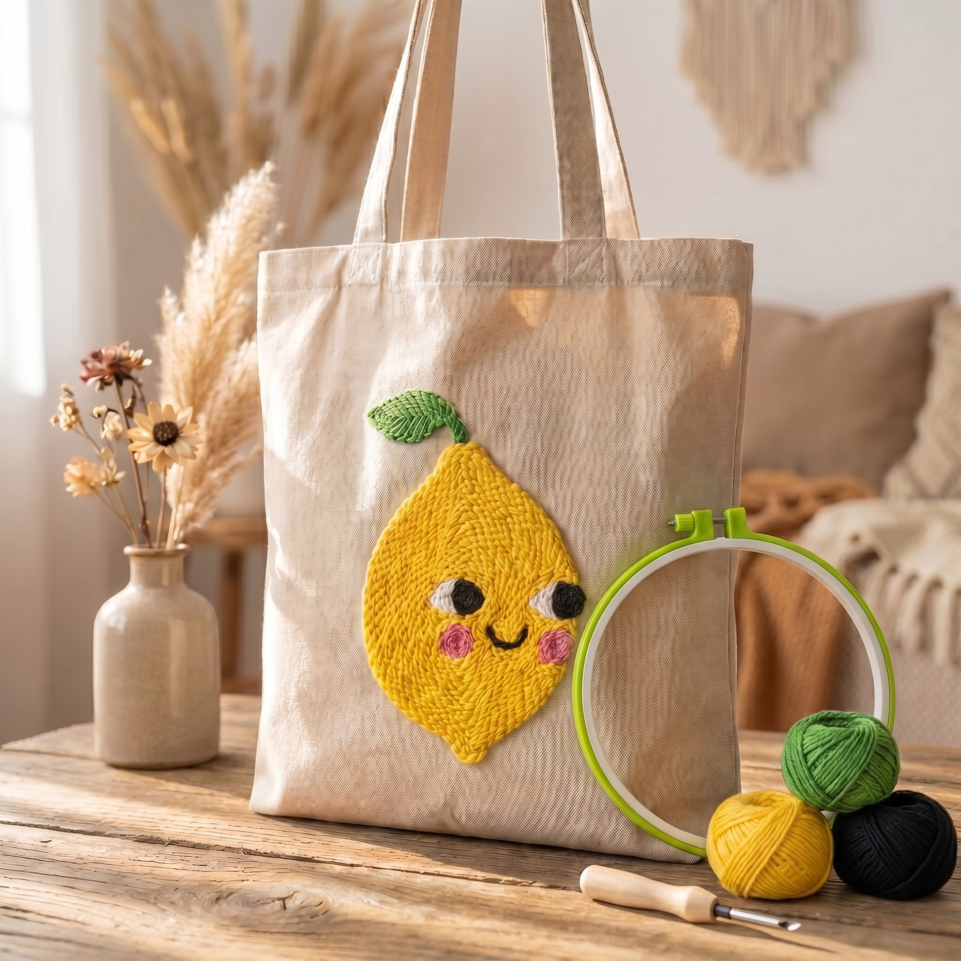Tonia Art Giant Lemon Punch Needle Tote Bag Kit - DIY big lemon fruit design on premium cotton bag.