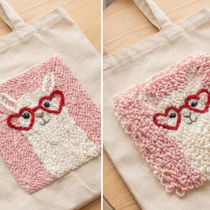Detailed punch needle loops of llama fur - High-quality textured wool yarn on cotton fabric.