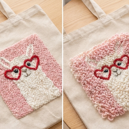 Detailed punch needle loops of llama fur - High-quality textured wool yarn on cotton fabric.