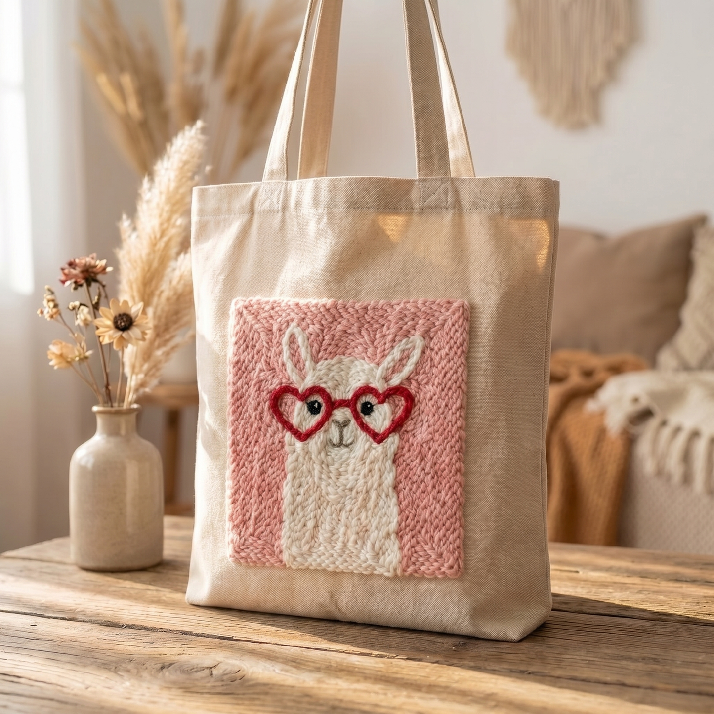 Tonia Art Lama Adorable Punch Needle Tote Bag Kit - DIY cute llama design on premium cotton canvas bag