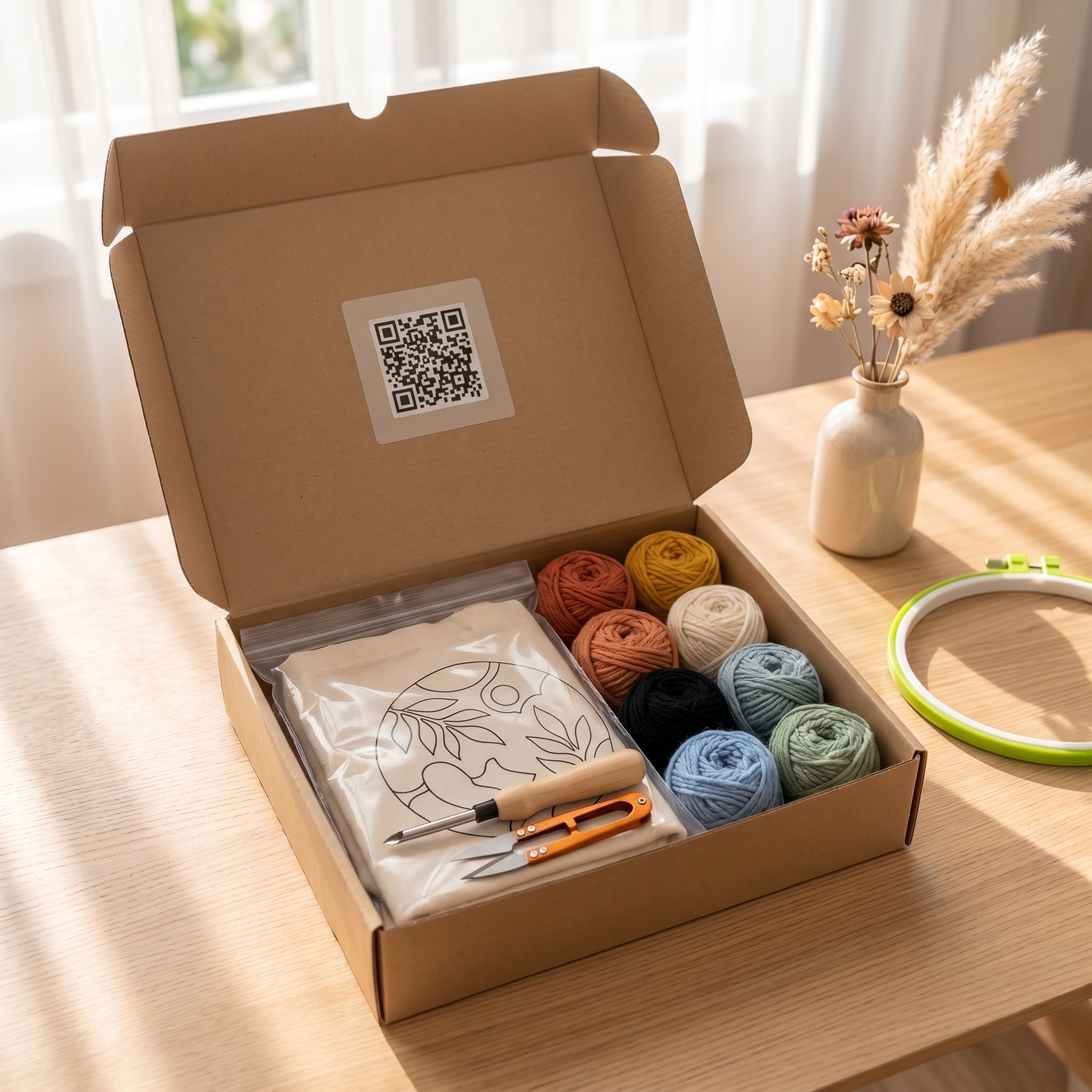 Complete Tonia Art DIY set for botanical leaves bag - Patterned shooper, green yarn palette, hoop, and needle