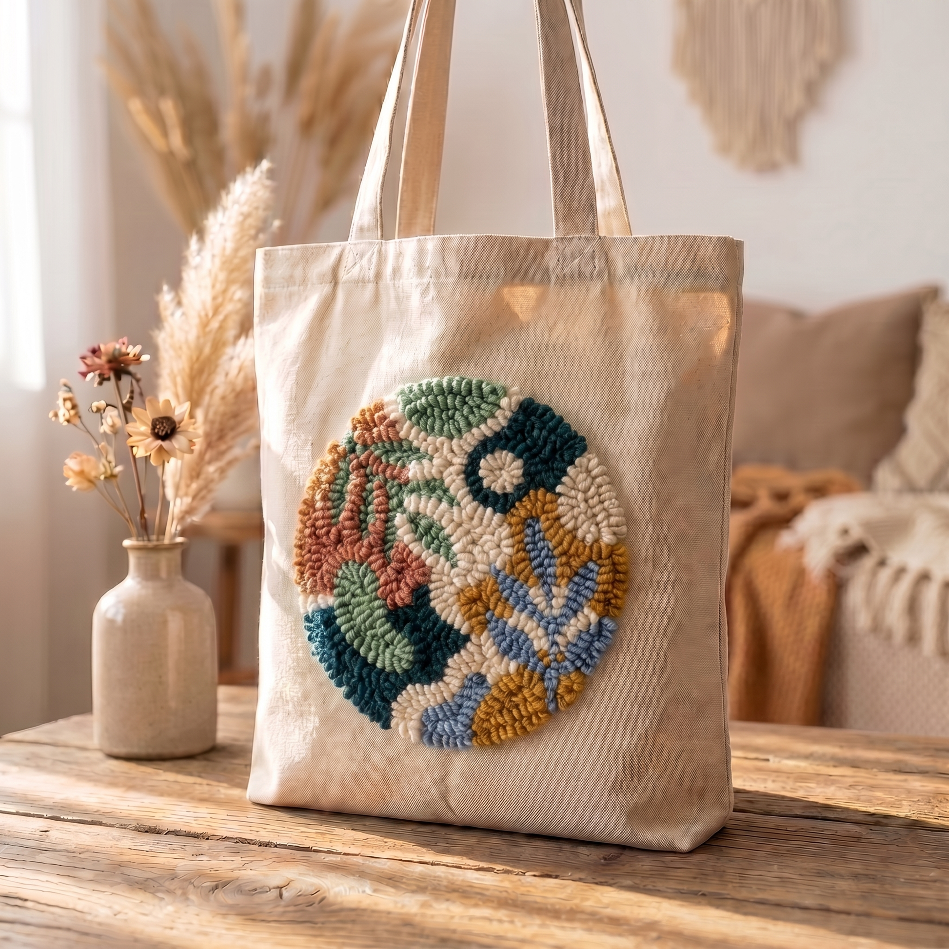 Finished Feuillage Botanique punch needle bag - Sustainable handmade textile art shopper for daily use.