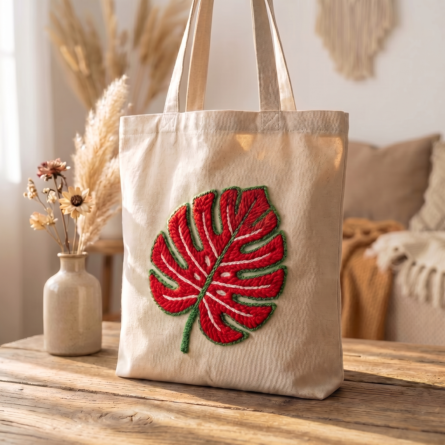 Tonia Art Feuille de Monstera Punch Needle Tote Bag Kit - Iconic DIY tropical leaf design on premium cotton bag
