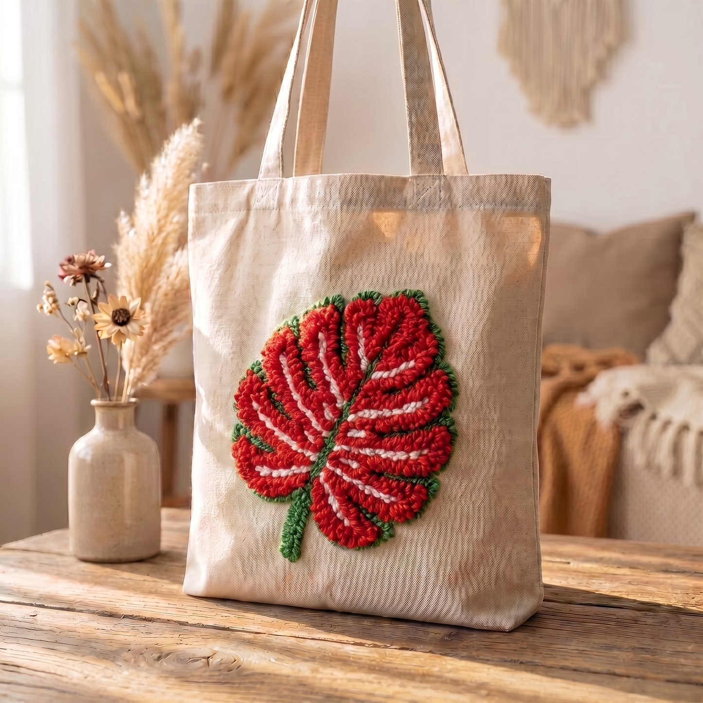 Tonia Art Feuille de Monstera Punch Needle Tote Bag Kit - Iconic DIY tropical leaf design on premium cotton bag