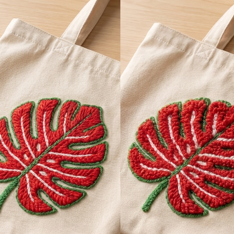 Detailed punch needle loops of the monstera leaf - High-quality textured yarn on green cotton fabric.