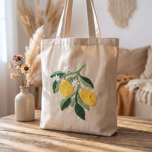 Tonia Art Lemon Branch Punch Needle Tote Bag Kit - DIY lemon citrus design on premium canvas bag.