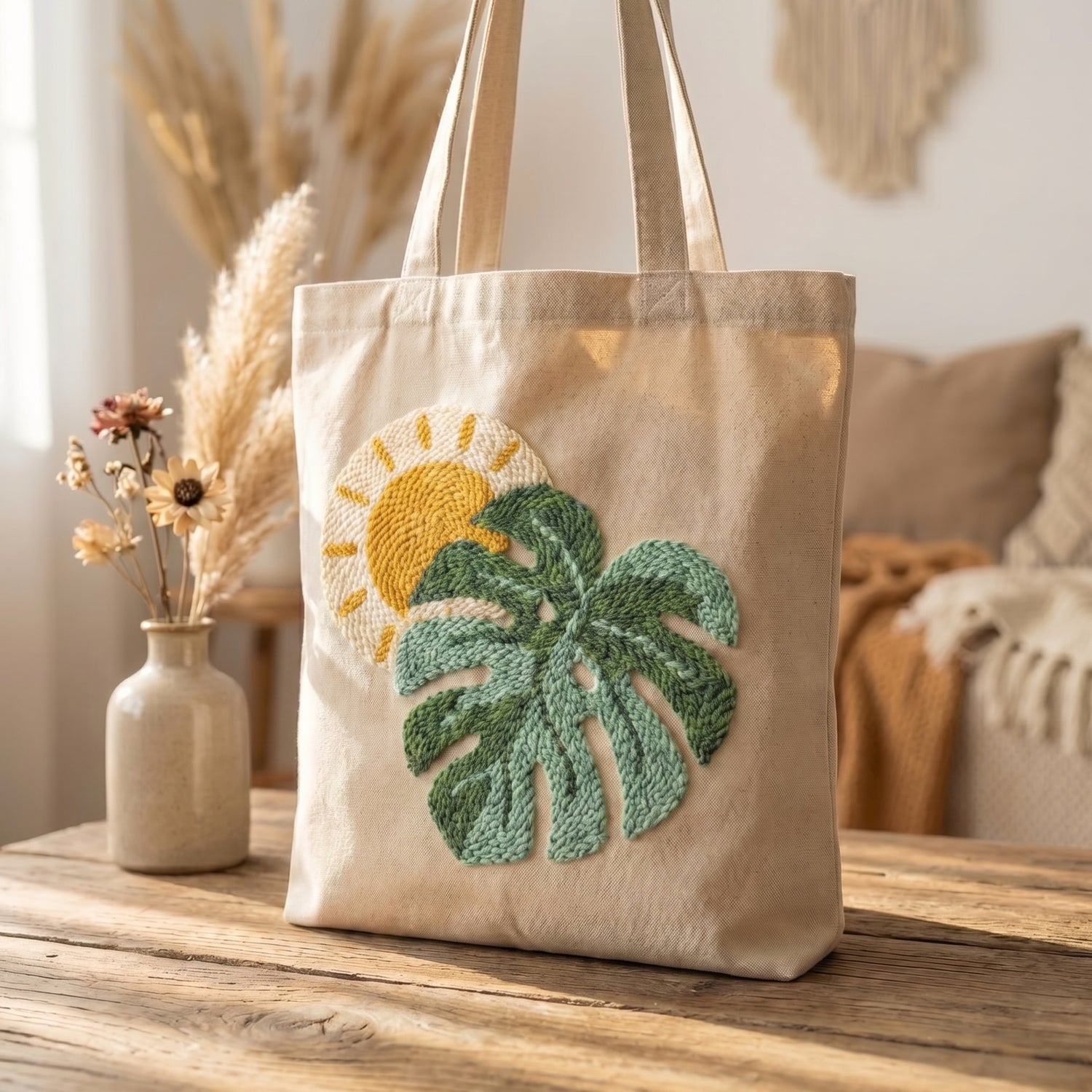 Tonia Art Soleil des Tropiques Punch Needle Tote Bag Kit - DIY sun and monstera leaf design on premium canvas bag.