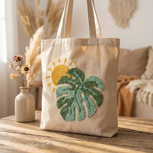 Tonia Art Soleil des Tropiques Punch Needle Tote Bag Kit - DIY sun and monstera leaf design on premium canvas bag.