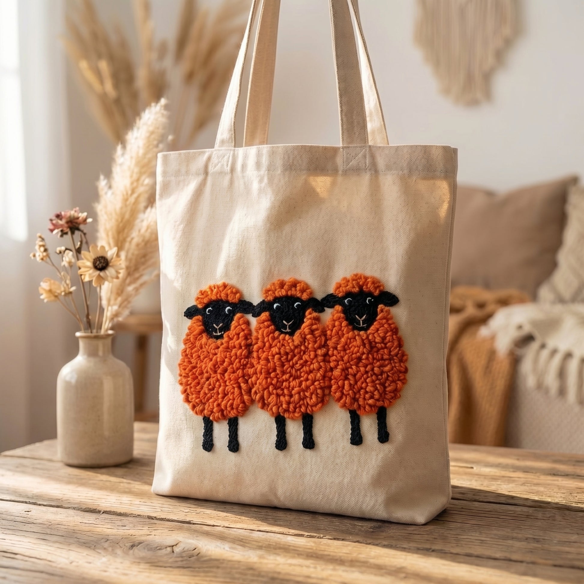 Tonia Art Moutons Rouges Punch Needle Tote Bag Kit - Unique red sheep design on canvas bag.