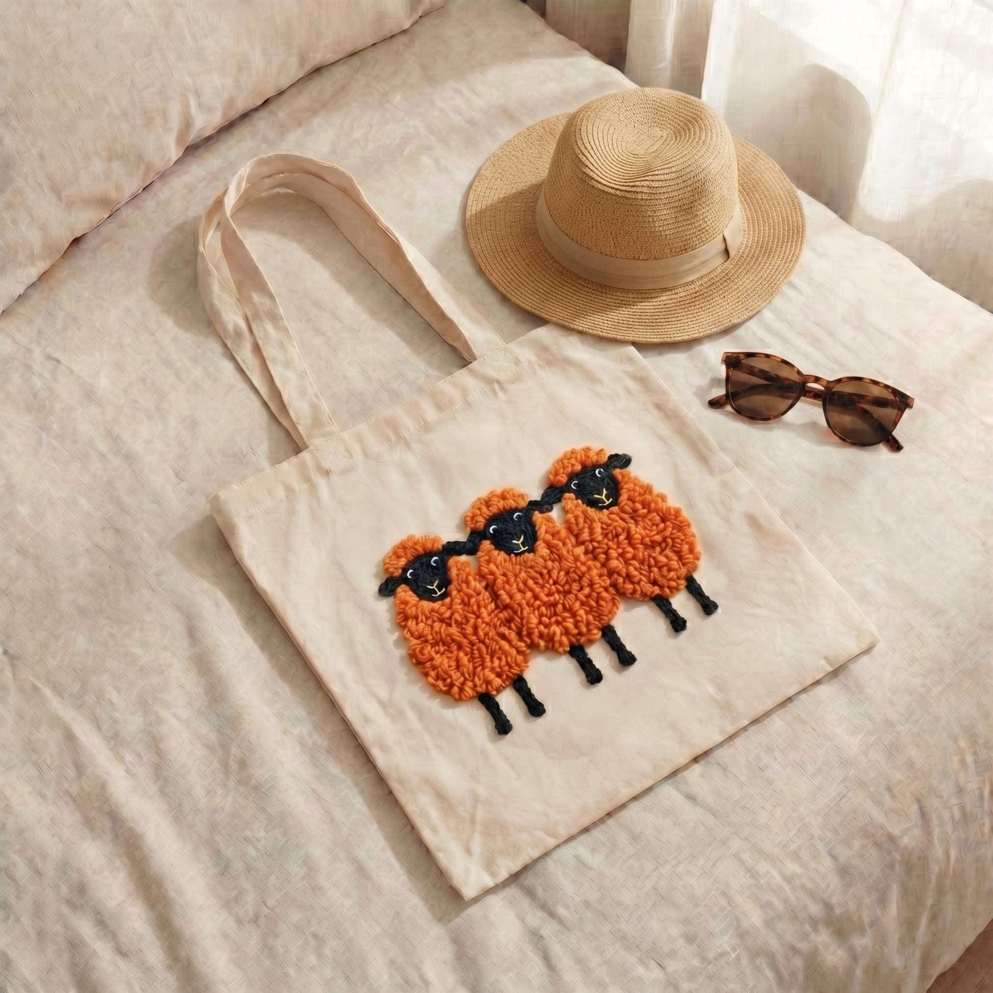 Tonia Art DIY kit for red sheep tote bag - Patterned bag, red yarn, embroidery hoop, and tools.
