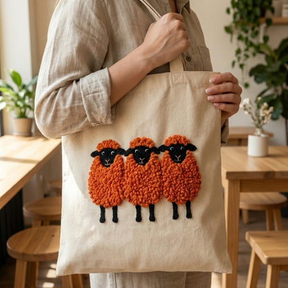 Completed punch needle sheep tote bag - Sustainable handmade textile art on shopper.
