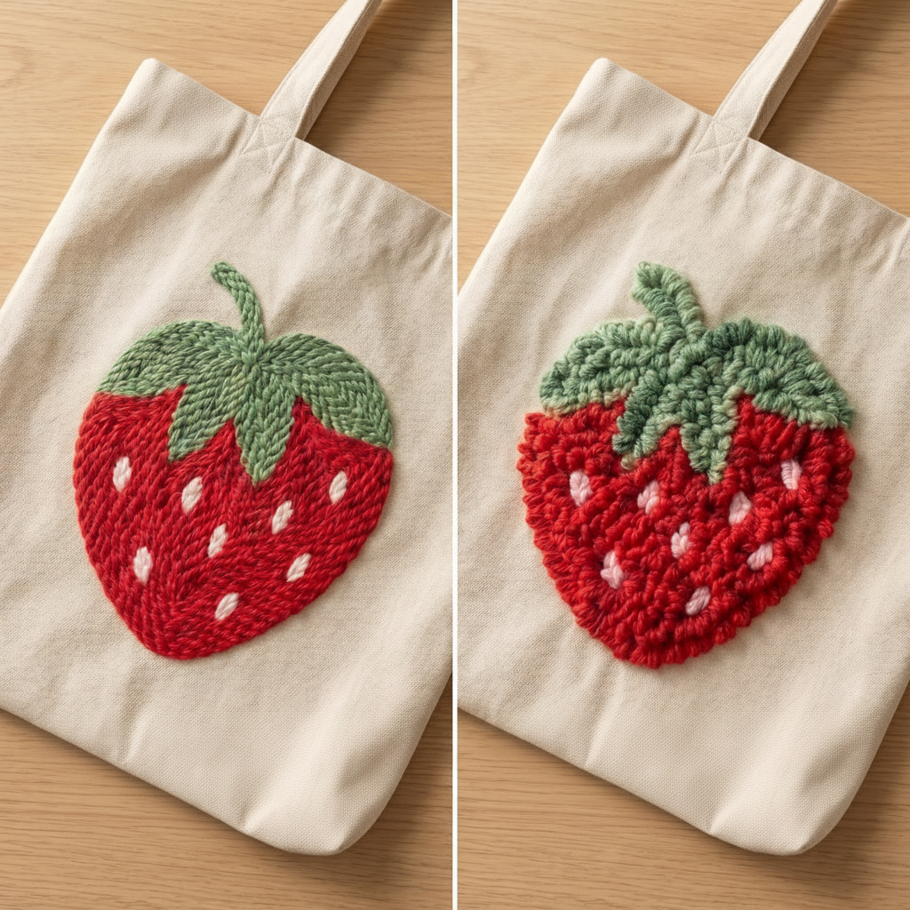 Detailed punch needle loops of the strawberry fruit - High-quality yarn texture on cotton canvas.