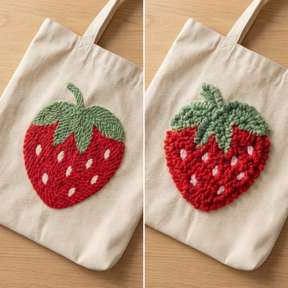 Detailed punch needle loops of the strawberry fruit - High-quality yarn texture on cotton canvas.