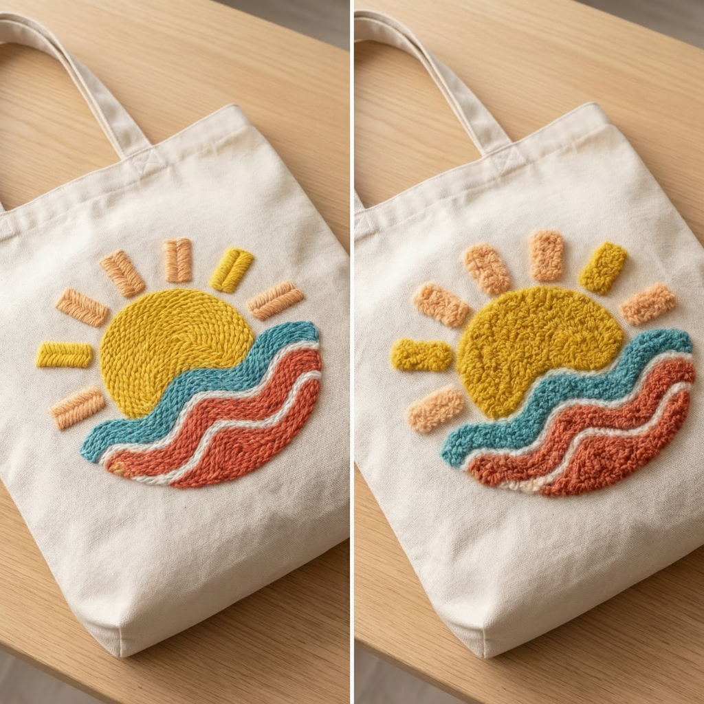 Detailed punch needle loops of ocean waves - High-quality yarn texture on cotton fabric.