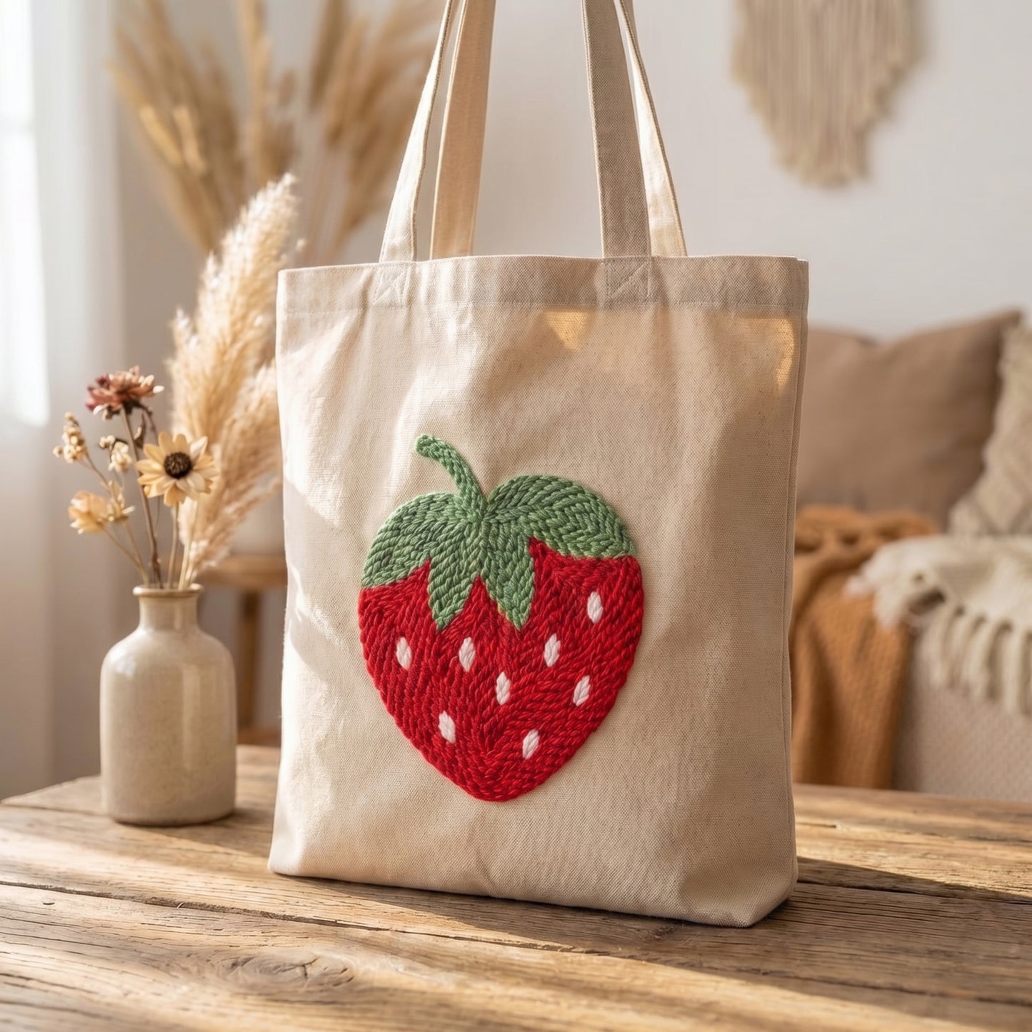 Tonia Art Fraise Sucrée Punch Needle Tote Bag Kit - DIY single big strawberry design on premium cotton bag.
