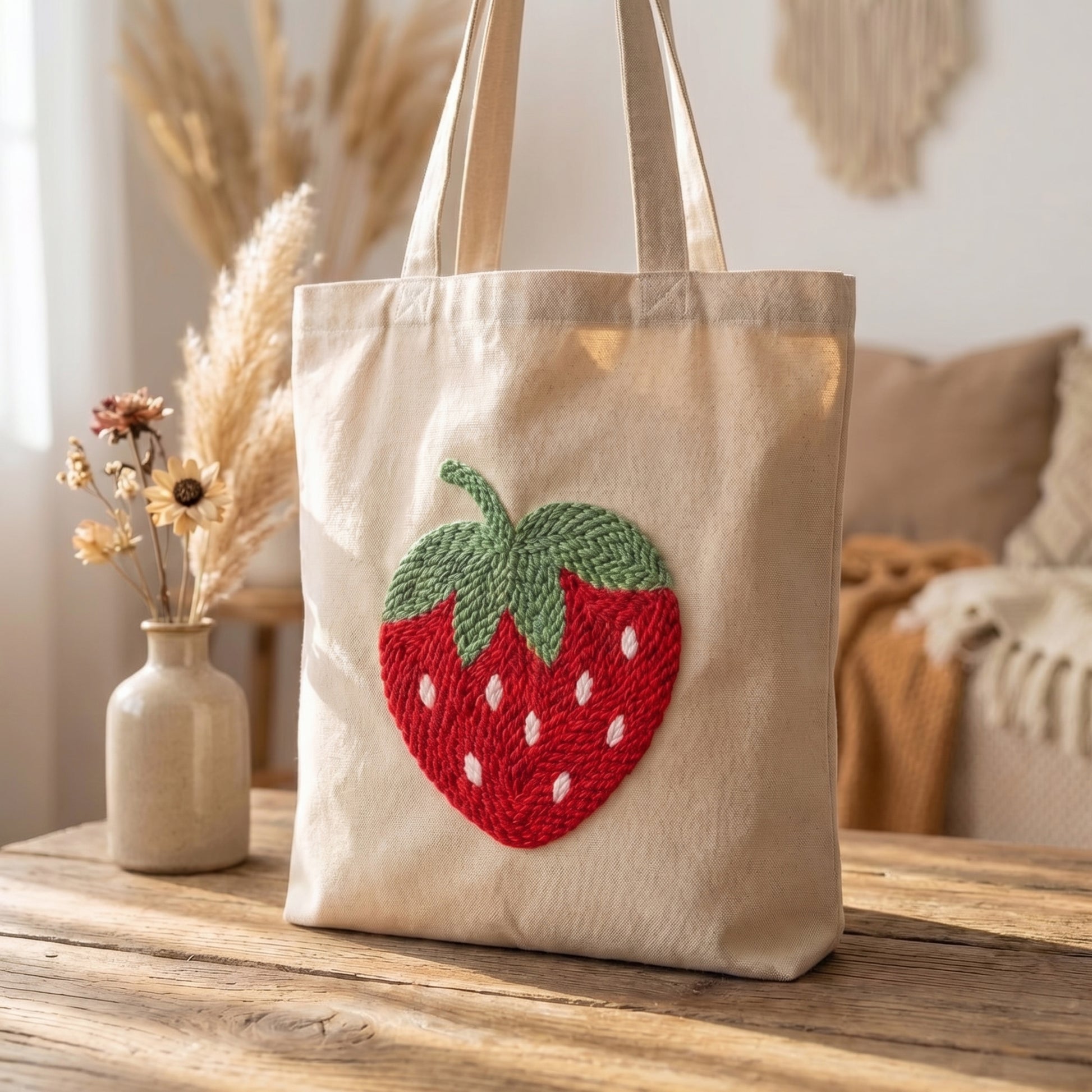 Tonia Art Fraise Sucrée Punch Needle Tote Bag Kit - DIY single big strawberry design on premium cotton bag.