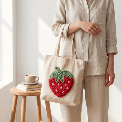 Close-up of the punch needle texture on the Fraise Sucrée tote bag - Detailed yarn loops on cotton canvas.