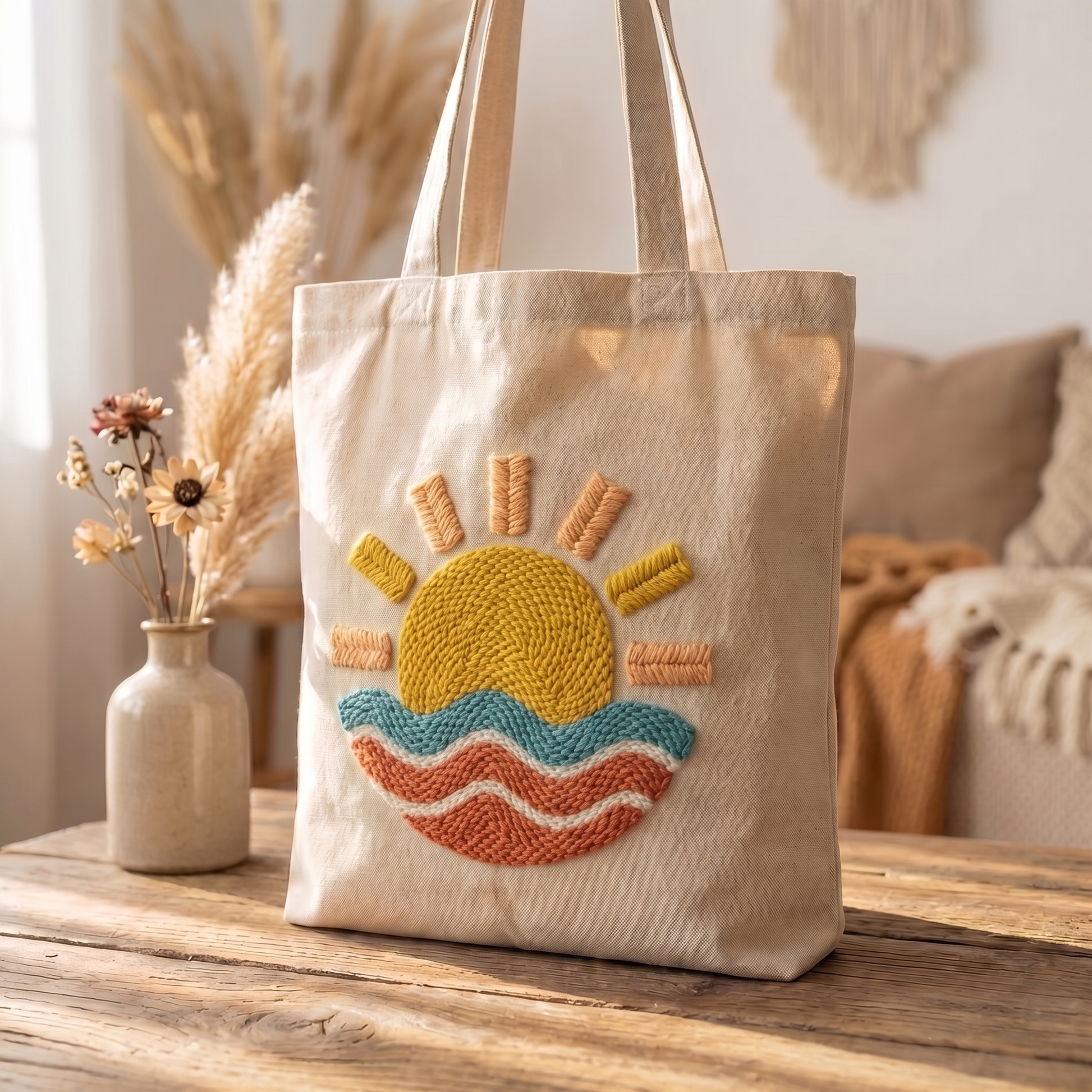 Tonia Art Ocean Sunset Punch Needle Tote Bag Kit - DIY sea sunset design on premium cotton canvas bag
