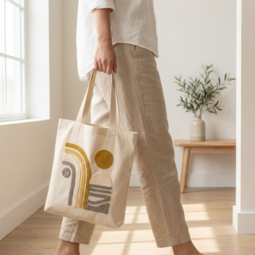 Handmade Soleil Bohème tote bag - Trendy DIY fashion accessory for a bohemian and chic look.