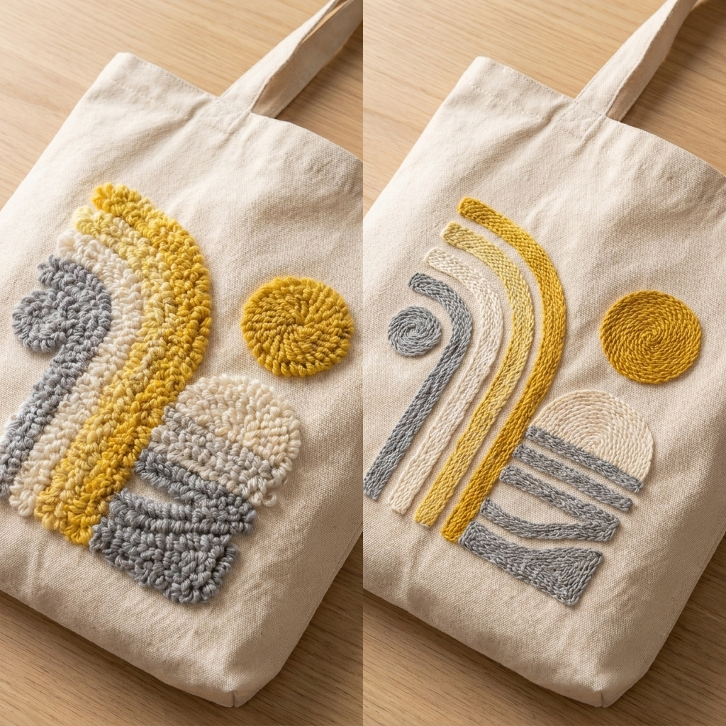 Detailed punch needle loops of the boho sun rays - High-quality textured yarn on cotton fabric.