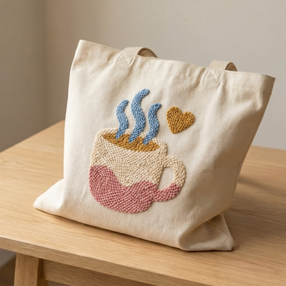 Handmade Pause Café tote bag - Stylish DIY fashion accessory for coffee shop lovers.