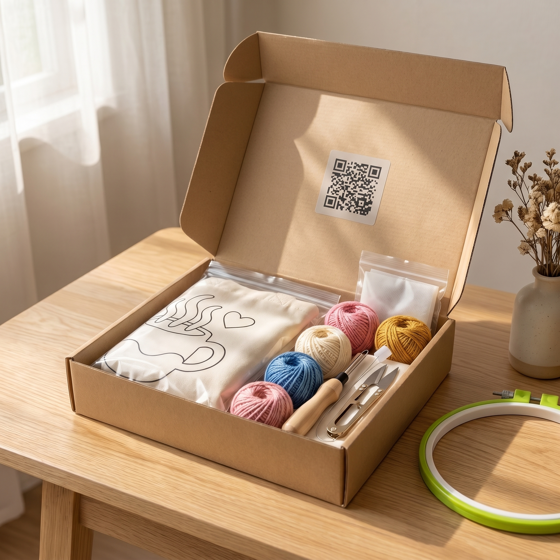 Complete Tonia Art DIY set for coffee time bag - Patterned shooper, warm yarn palette, and needle.
