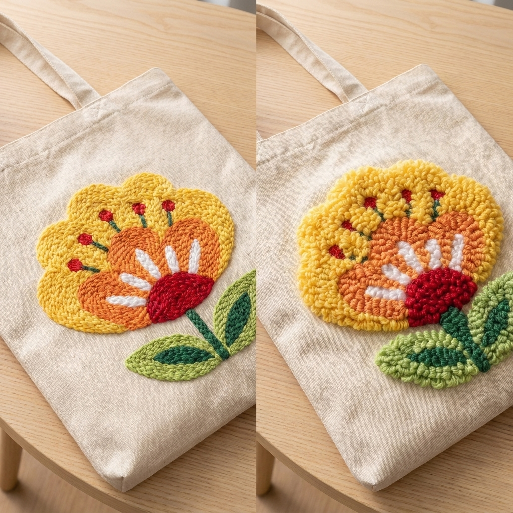 Finished Éclosion Sauvage punch needle bag - Sustainable handmade textile art shopper for daily use.