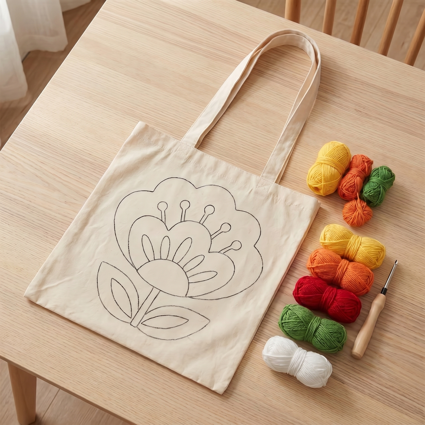 Complete Tonia Art DIY set for wildflower bag - Patterned shooper, floral yarn palette, hoop, and needle.