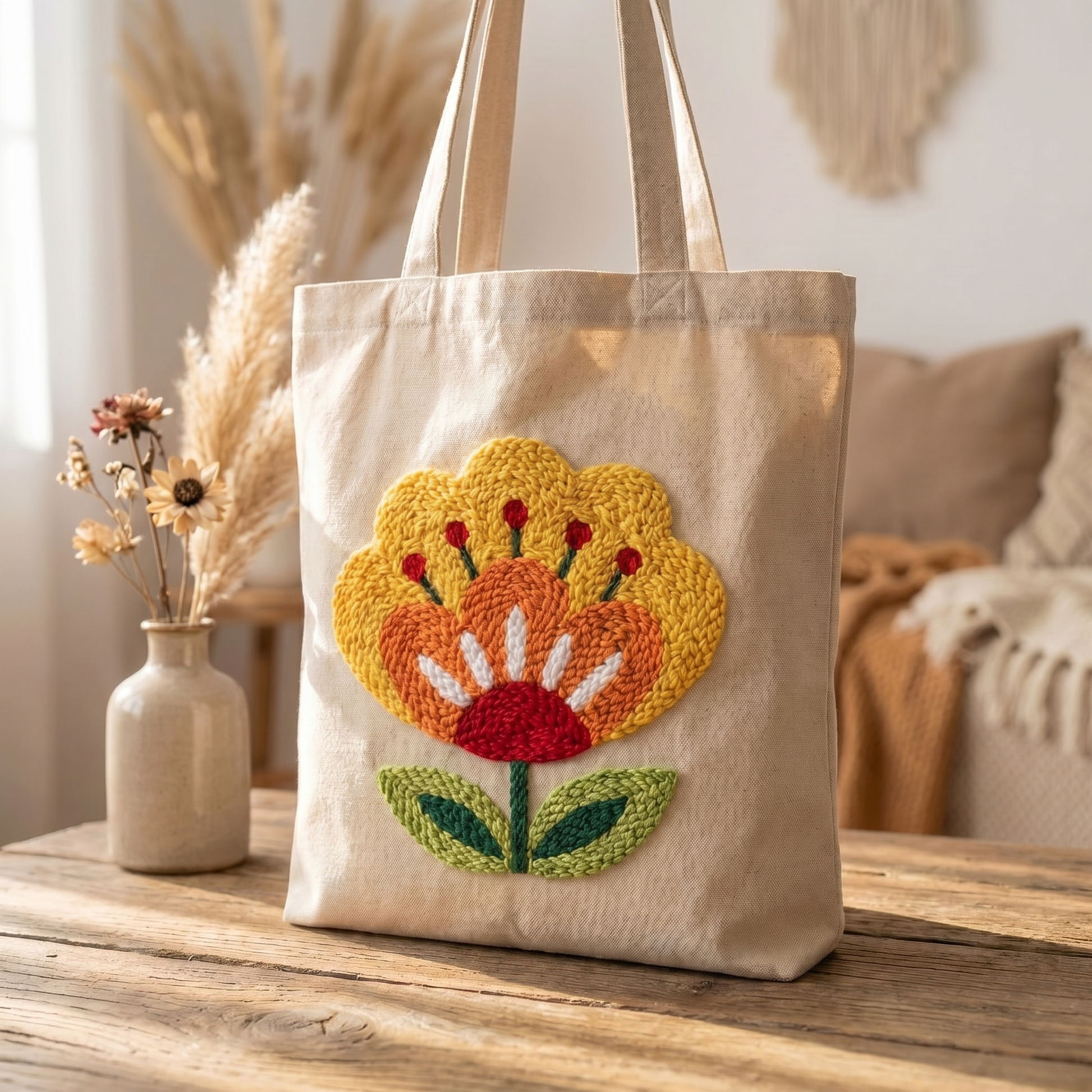 Tonia Art Éclosion Sauvage Punch Needle Tote Bag Kit - DIY wildflower design on premium canvas bag.