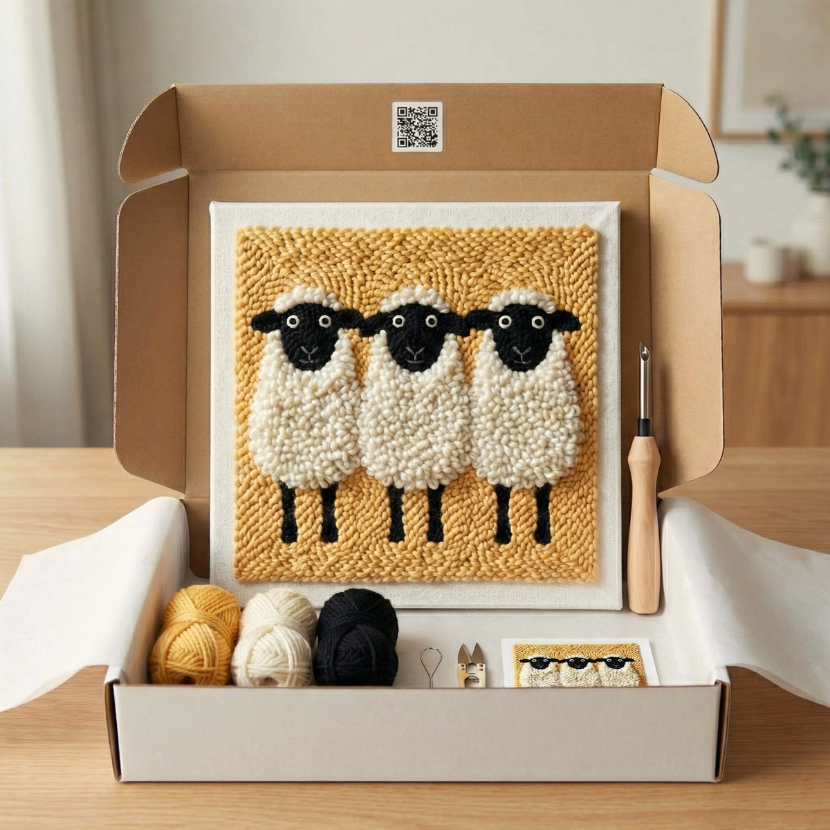 Kit Punch Needle Moutons Douceur Tonia Art - Décoration murale mouton DIY sur châssis en bois.
