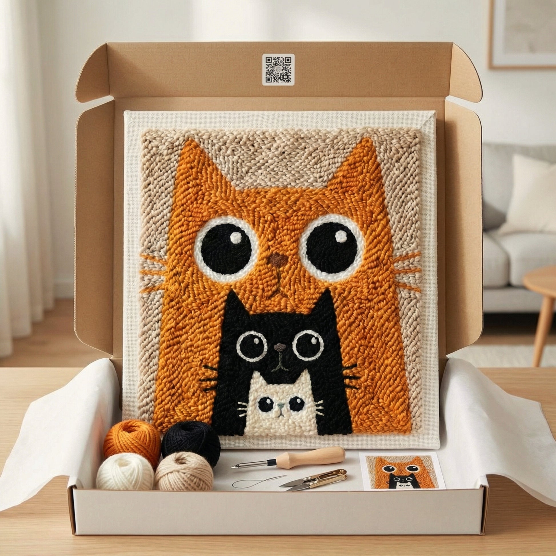 Kit Punch Needle Famille de Chats Tonia Art - Décoration murale animaux DIY sur châssis en bois