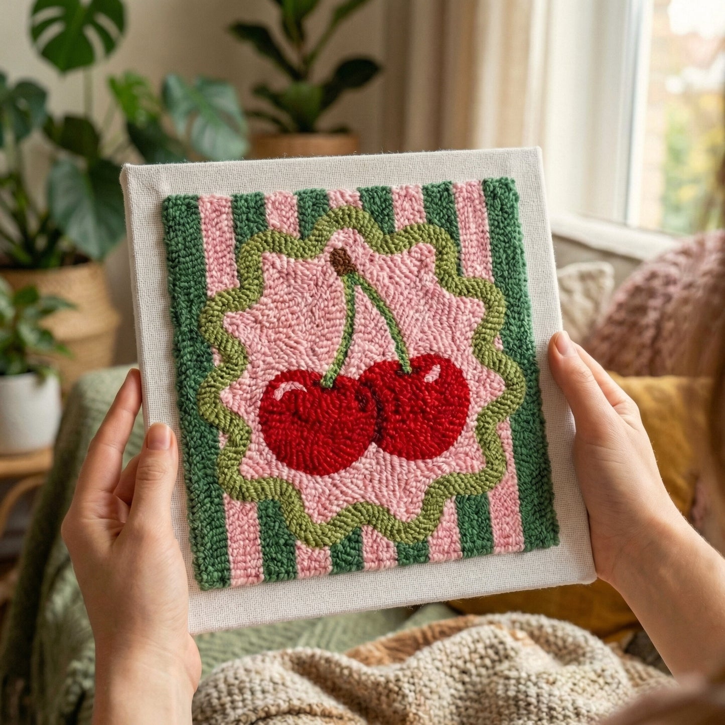 Kit Punch Needle Duo de Cerises Tonia Art - Décoration murale cerises DIY sur châssis en bois.