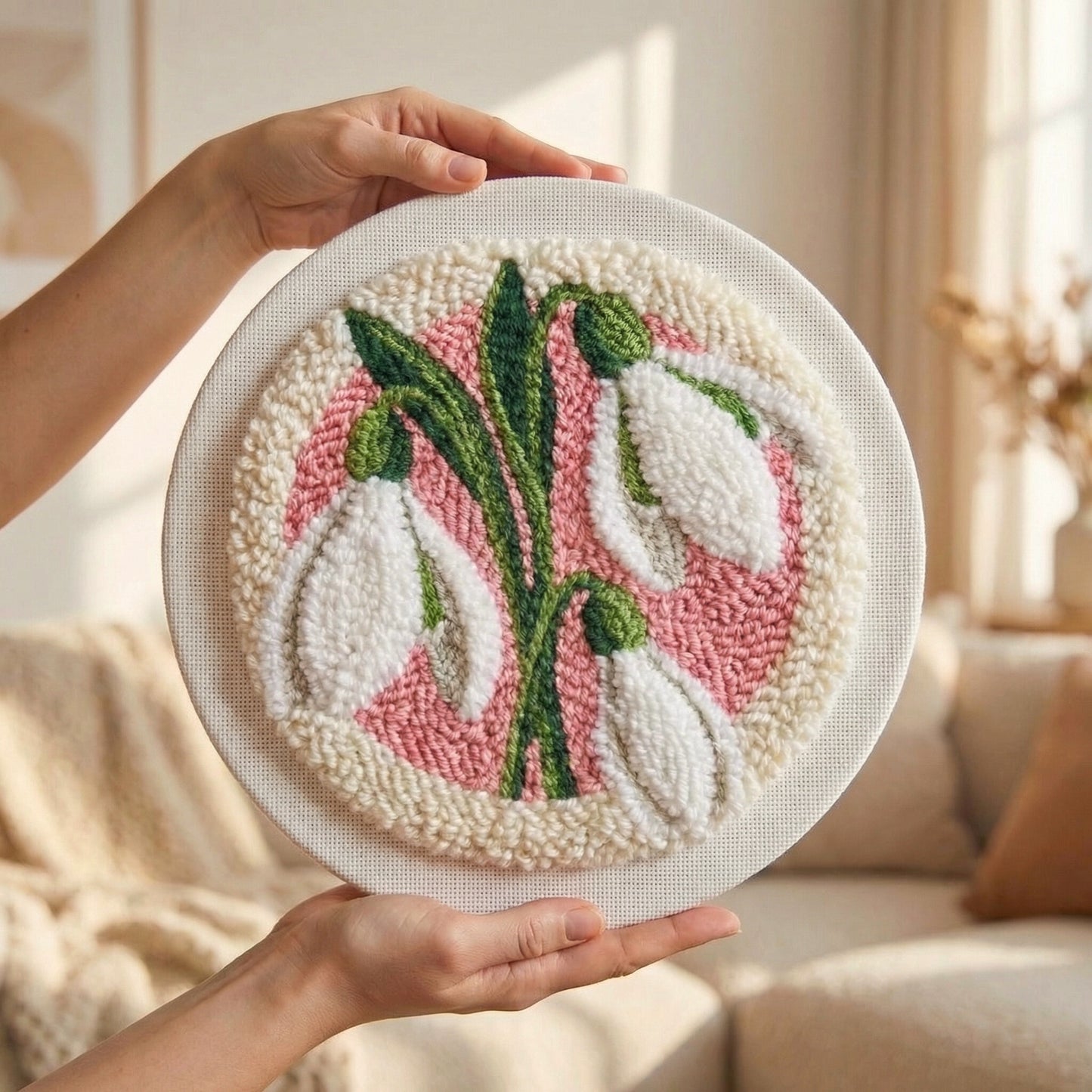 Punch Needle embroidery - Creating white snowdrop flowers with magic needle and wool yarn.