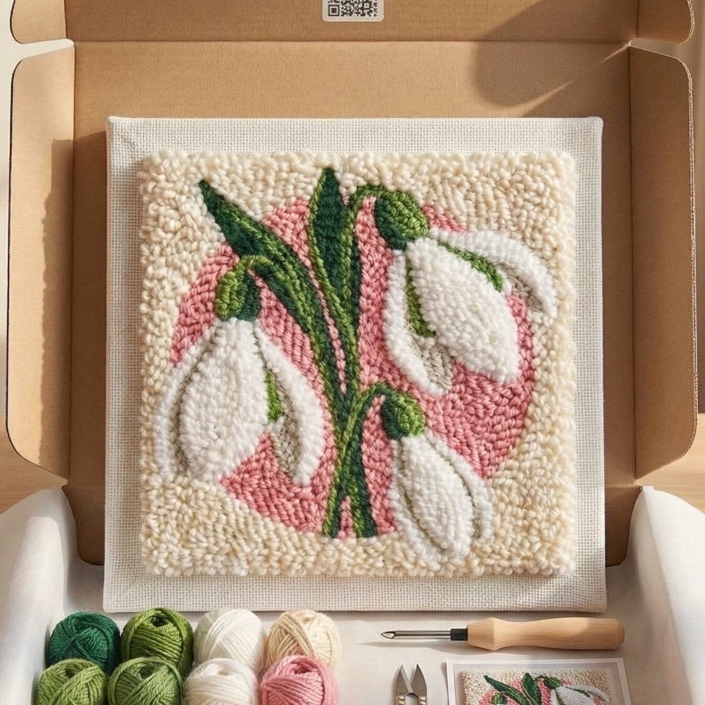 Tonia Art Spring Snowdrops Punch Needle Kit - DIY floral wall decor on wooden frame.