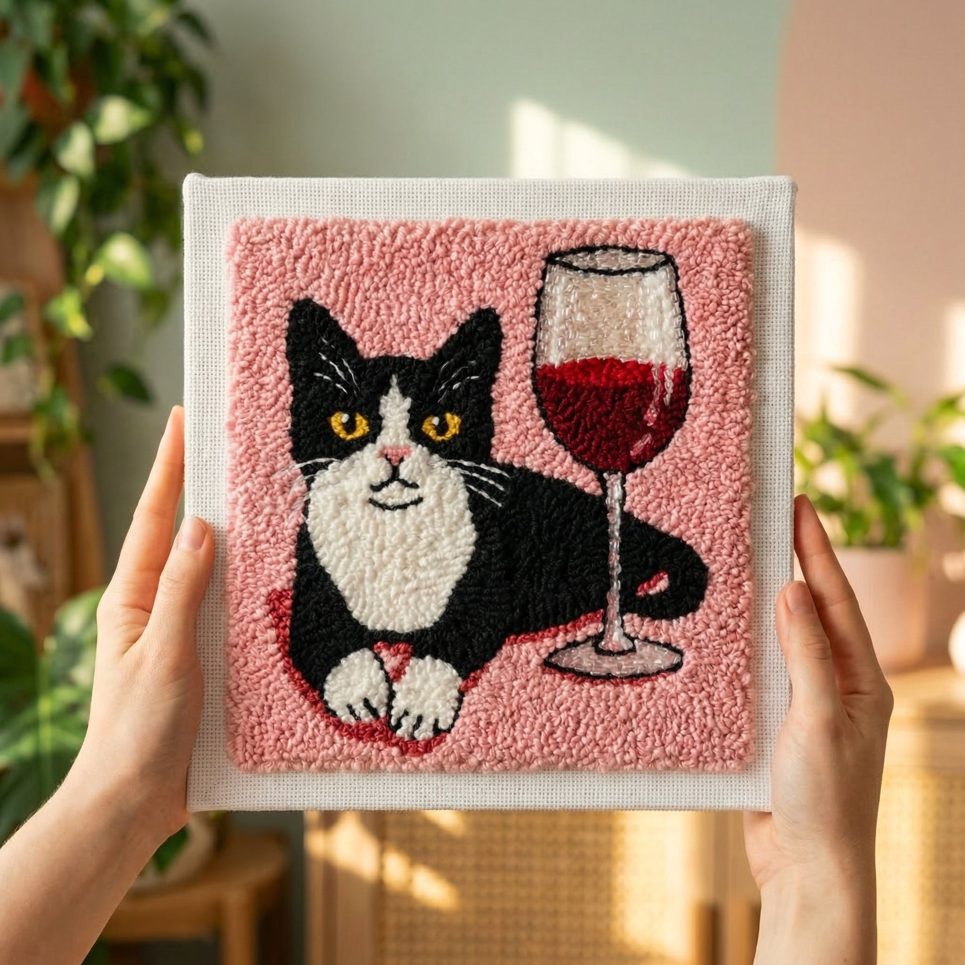 Punch Needle embroidery process - Creating a romantic cat portrait with soft wool yarn and magic needle.