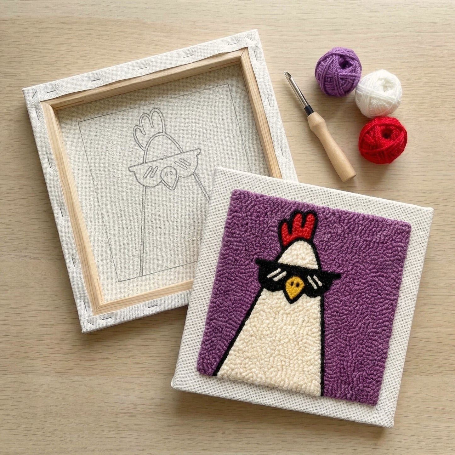 Tonia Art complete Punch Needle set - Pre-printed hen pattern, high-quality wool, and ergonomic needle.