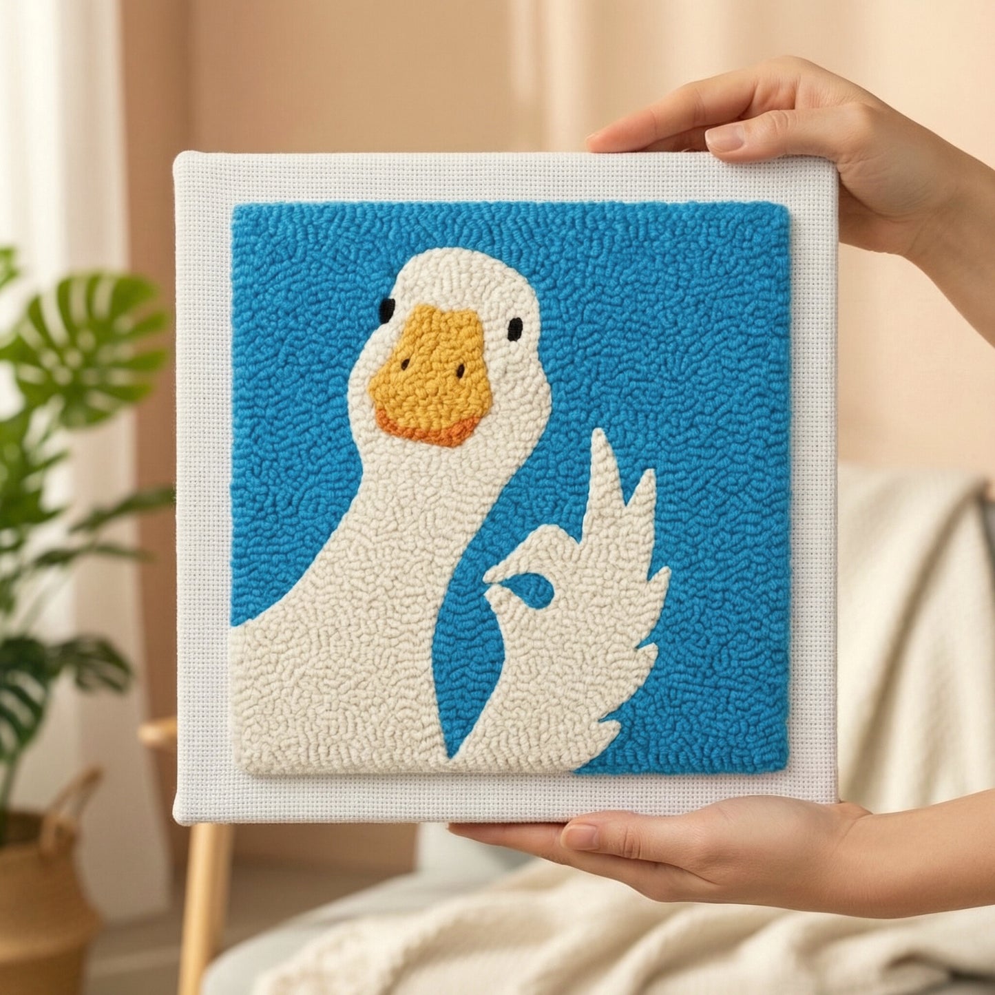 Punch Needle embroidery tutorial - Crafting a graceful white goose with textured wool and magic needle.