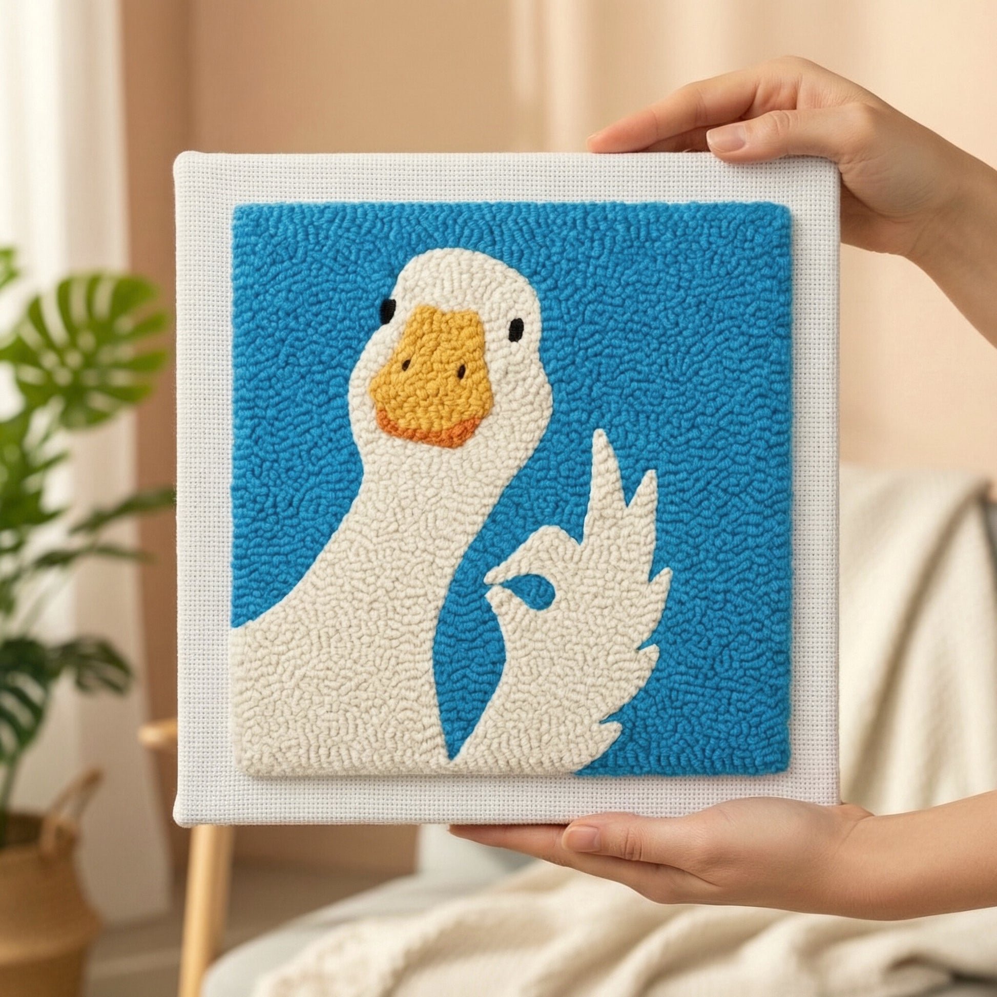 Punch Needle embroidery tutorial - Crafting a graceful white goose with textured wool and magic needle.