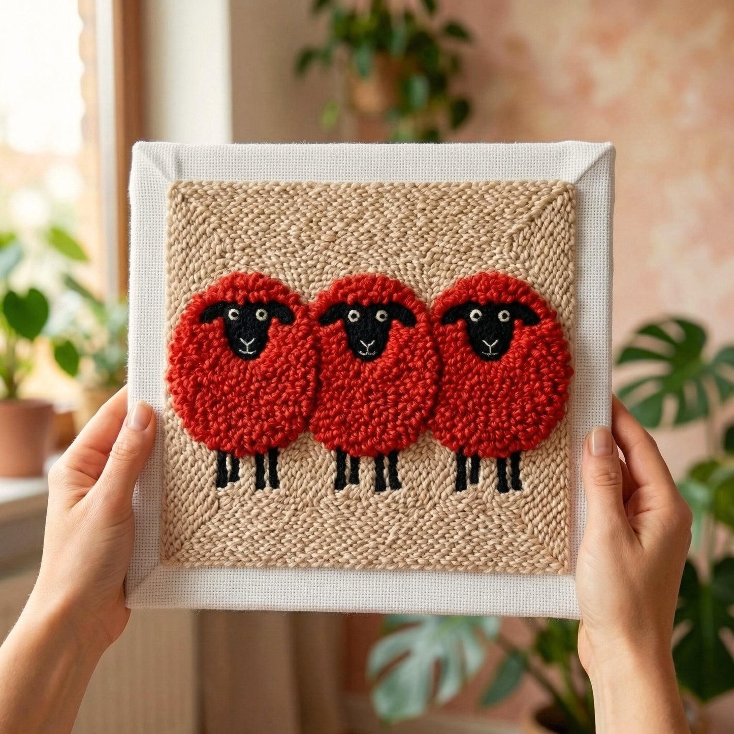 Handmade Arty Red Sheep textile art - Contemporary style DIY home decoration for a stylish living room.