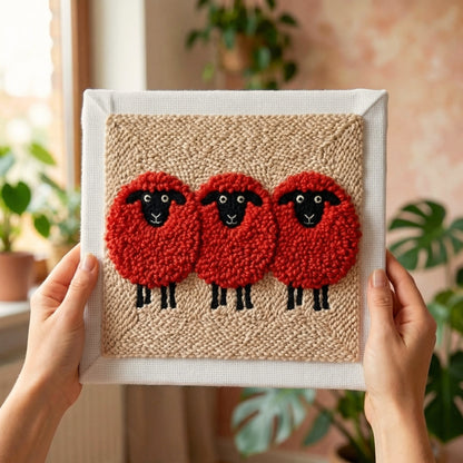 Handmade Arty Red Sheep textile art - Contemporary style DIY home decoration for a stylish living room.