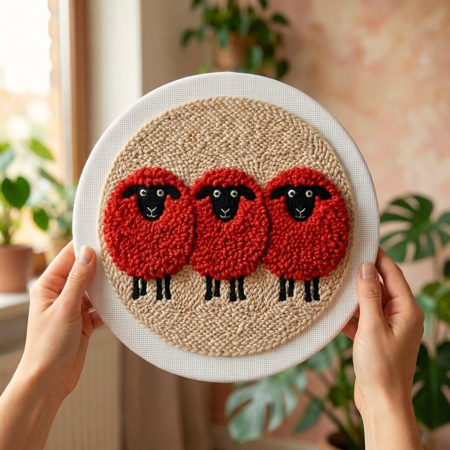 Tonia Art complete Punch Needle set - Pre-printed arty sheep pattern, high-quality red wool, and ergonomic needle
