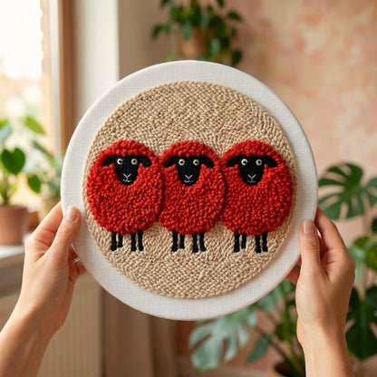 Tonia Art complete Punch Needle set - Pre-printed arty sheep pattern, high-quality red wool, and ergonomic needle