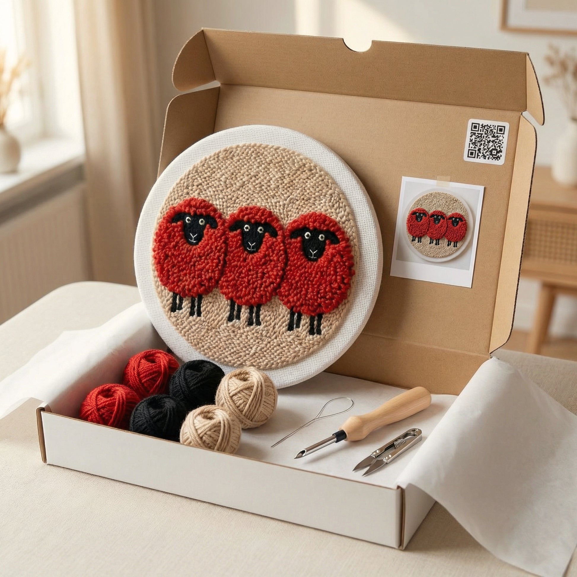Tonia Art complete Punch Needle set - Pre-printed arty sheep pattern, high-quality red wool, and ergonomic needle