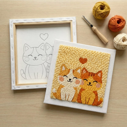 Punch needle kit contents - Pre-stretched canvas, yarn, needle and step-by-step instructions.