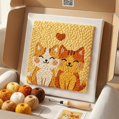 Tonia Art Adorable Cat Couple Punch Needle Kit - Romantic DIY animal wall decor on pre-stretched wooden frame.