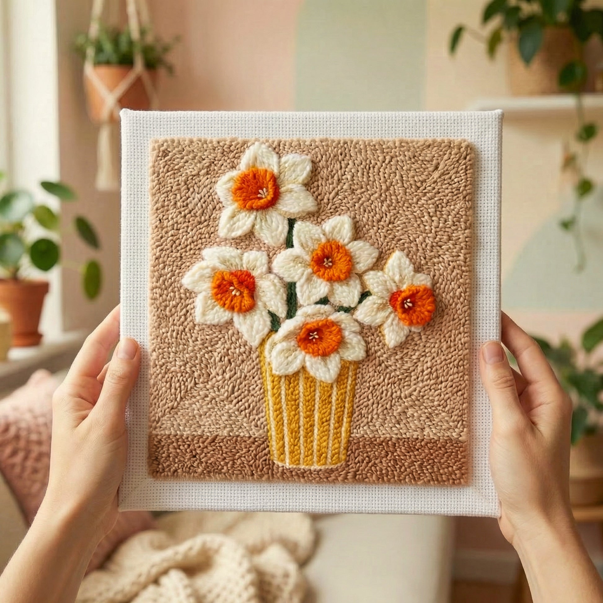 Punch Needle embroidery tutorial - Crafting bright daffodils with textured wool and magic needle.