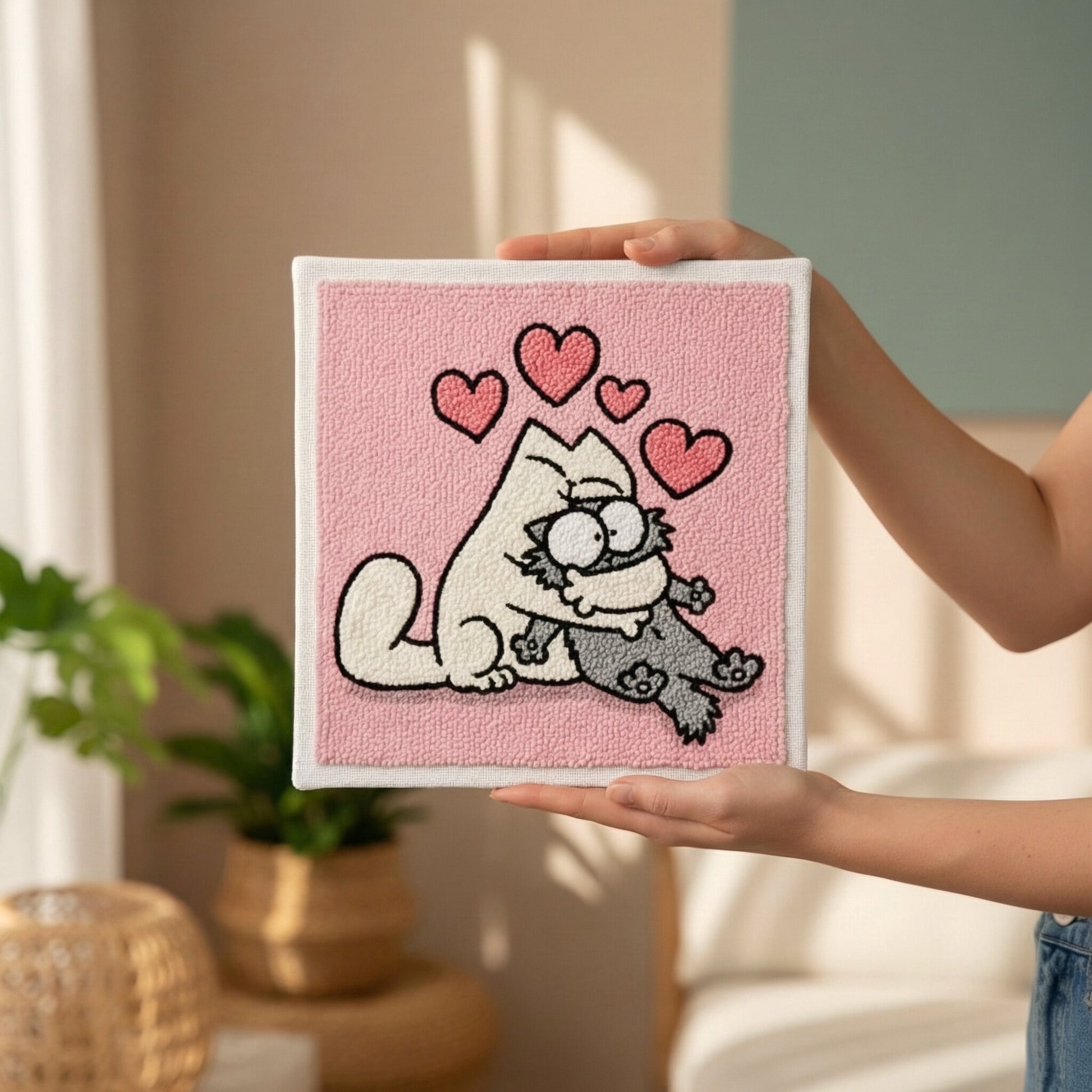 Tonia Art complete Punch Needle set - Pre-printed cat couple pattern, high-quality wool, and ergonomic needle.