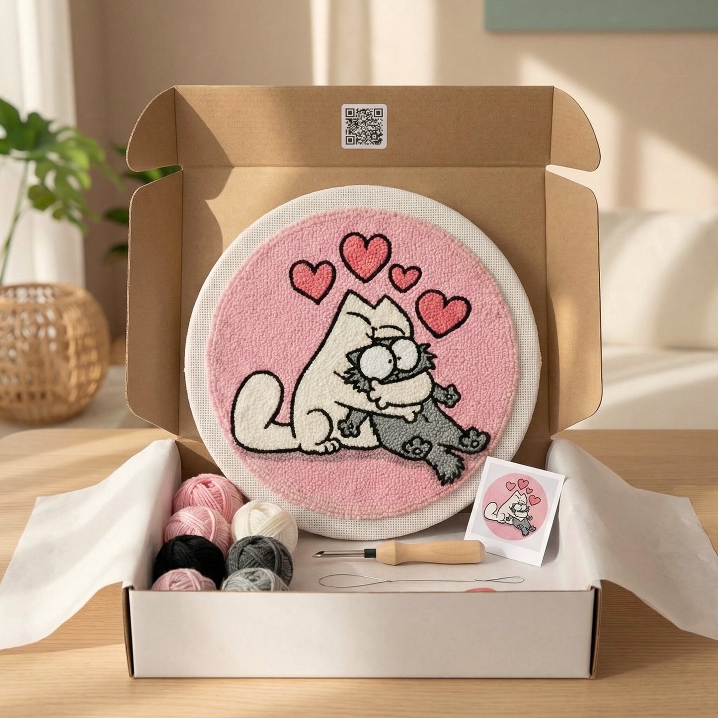 Punch Needle embroidery tutorial - Crafting two inseparable cats with soft wool and magic needle.