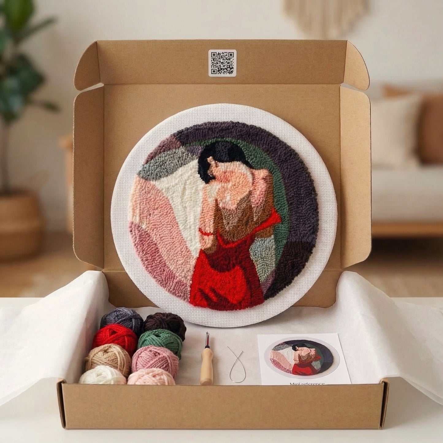 Punch Needle embroidery tutorial - Crafting an artistic woman silhouette with textured wool and magic needle.